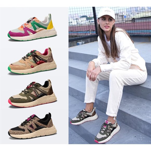 Brand New Women Khaki/Beige Polyurethane LUCKY STEP Leopard Chunky Sneakers - Picture 8 of 9